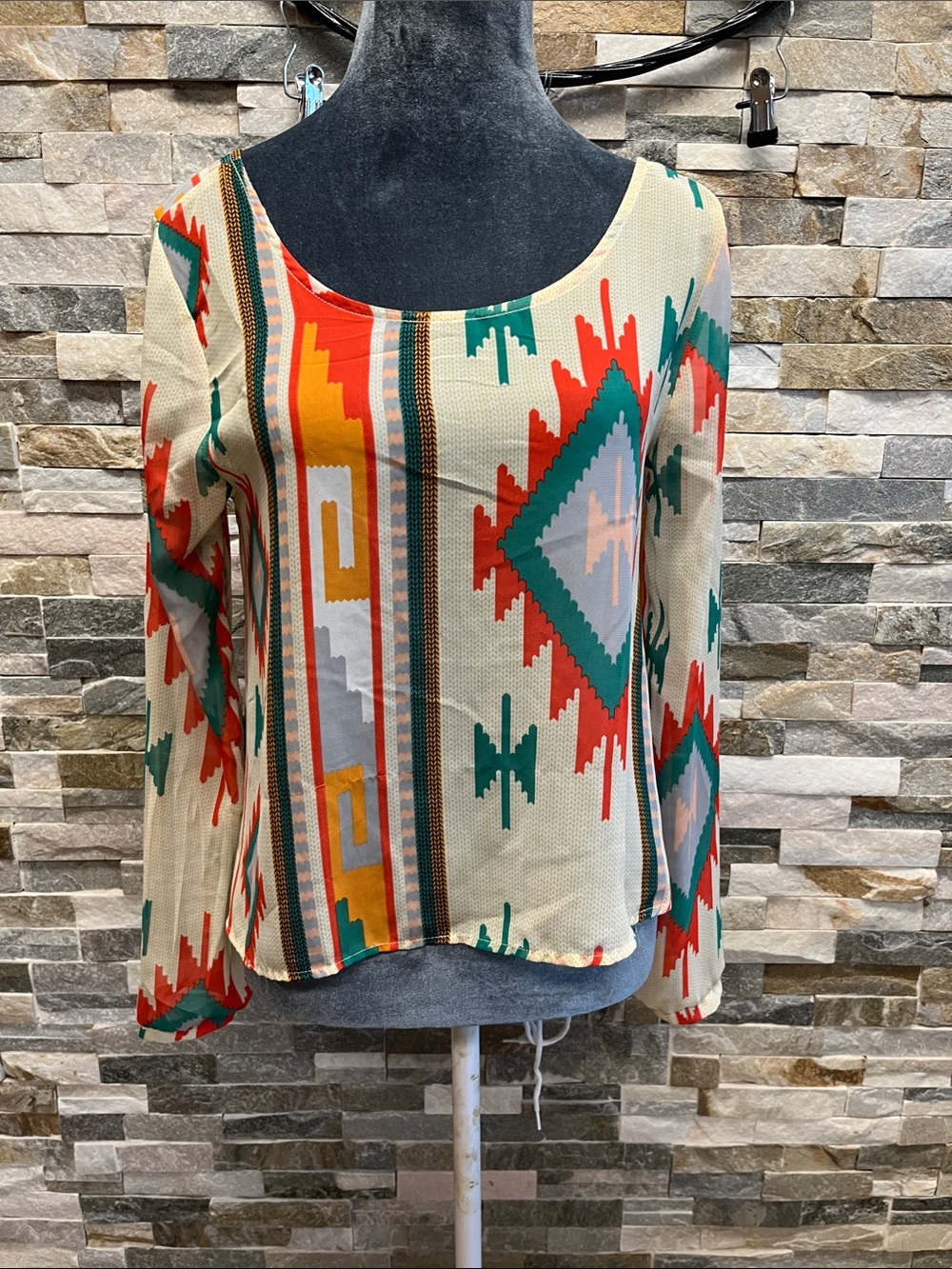 Lush Aztec Scoop Neck Long Sleeve Top in Cream, Teal & Red